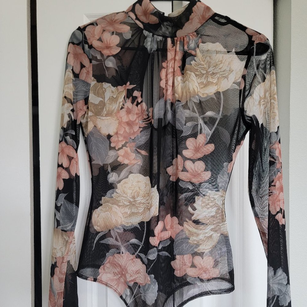 Black Sheer Mesh Floral Bodysuit